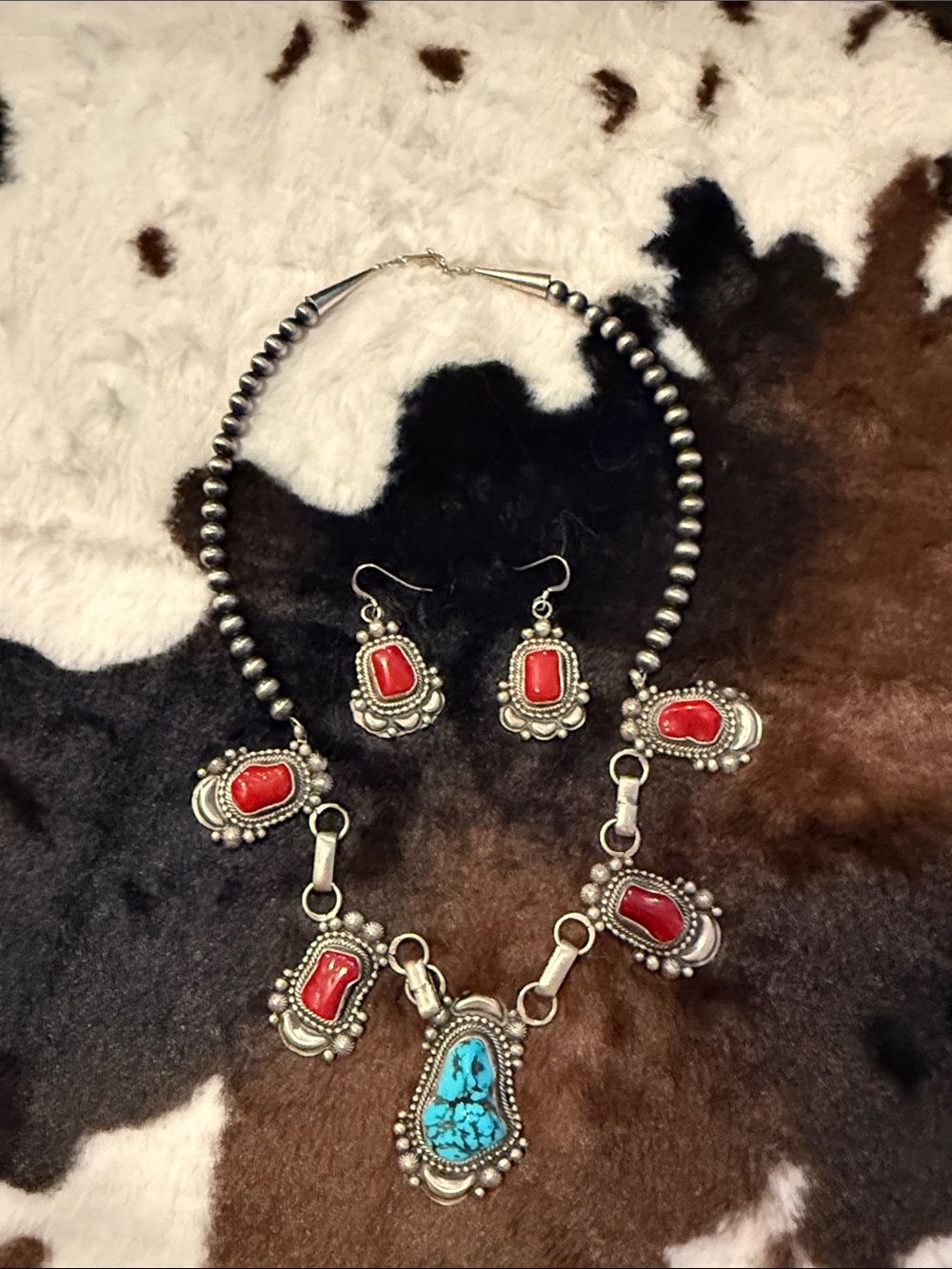 Tom Lewis Native America Navajo (Dine) Turquoise and Coral in sterling set